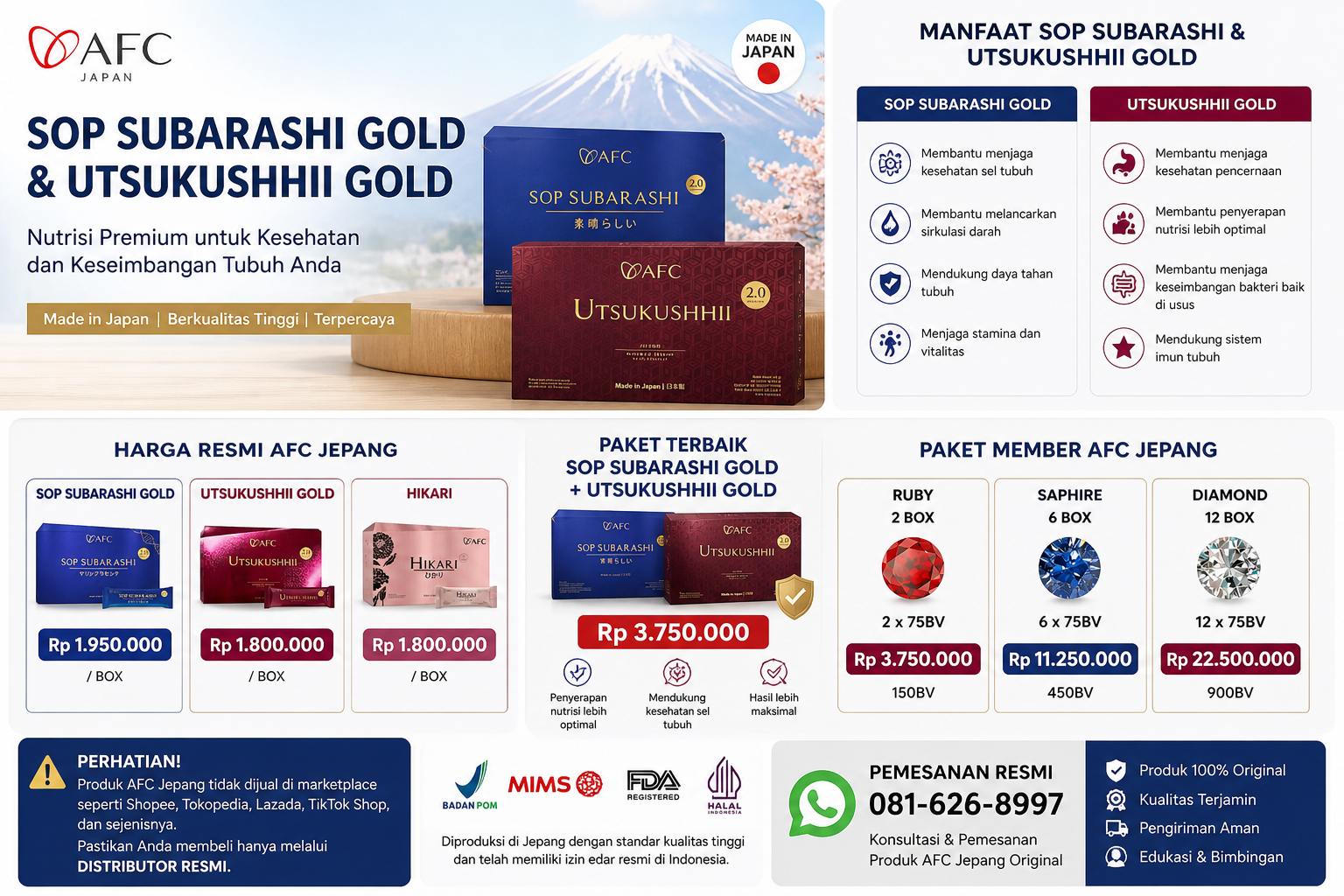 Harga SOP Subarashi dan Utsukushhii Gold Terbaru + Paket Terbaik AFC Jepang